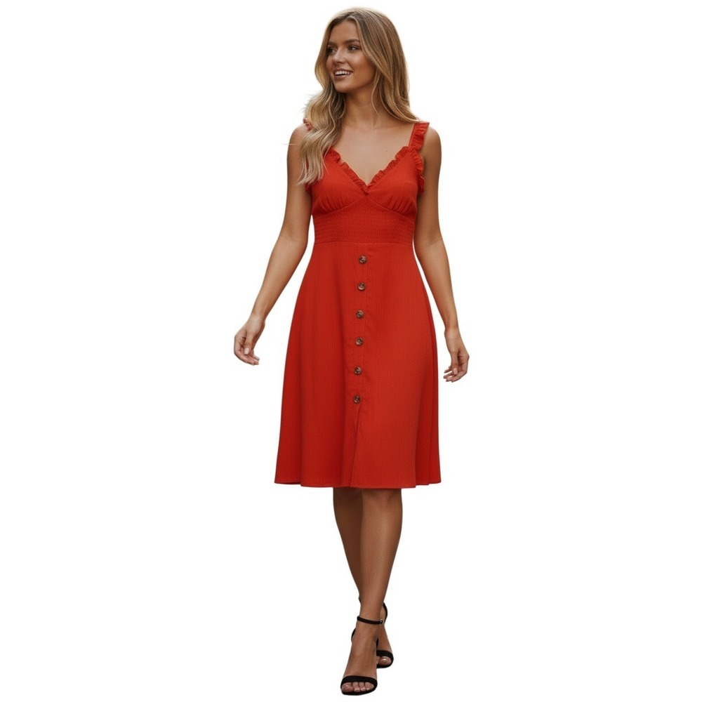AMARYLLIS Red Linen Btn Front Mini Sundress Smocked‎ Back Fit S M Coastal Boho